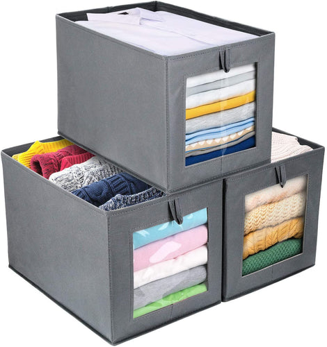 DIMJ Scatola di Immagazzinaggio, 3 Pezzi Scatole per Vestiti Pieghevoli Cesti per la Conservazione con Finestra Trasparente Cestello per Armadio (Grigio)