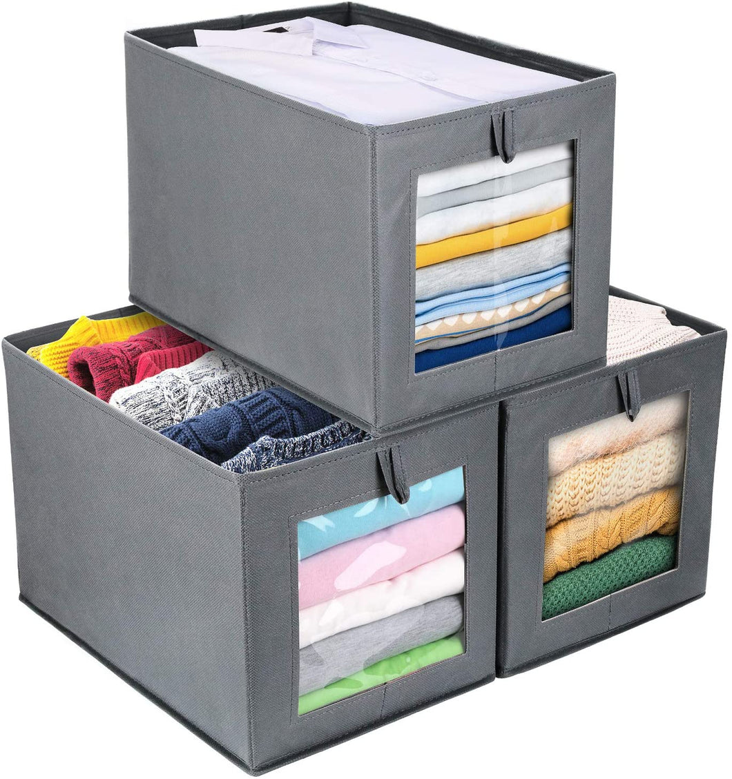 DIMJ Scatola di Immagazzinaggio, 3 Pezzi Scatole per Vestiti Pieghevoli Cesti per la Conservazione con Finestra Trasparente Cestello per Armadio (Grigio)