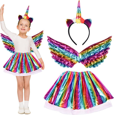 4 Pcs Gonna Unicorno per Bambini, Set Cosplay di Unicorno, Vestito da Principessa Ali con Cerchietto Unicorno, Gonne da Bambina per Bambine dai 3 4 5