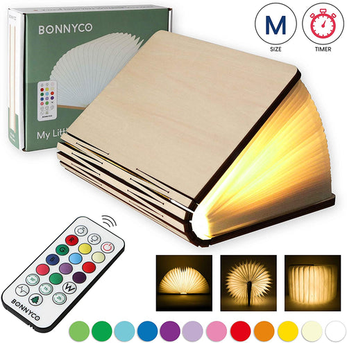 Lampada Libro Led Pieghevole in Legno con Telecomando 12 Colori e Timer – BONNYCO | Lampada Libro Decorazioni Casa, Camera e Ufficio | Idea Regalo Originale per Compleanno e Natale, Donna e Uomo