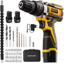 Carica l'immagine nel visualizzatore di Gallery, Avvitatore Batteria 12V/3A,JayLene trapano avvitatore con Trapano a Percussione modalità operativa,2x1500 mAh Batterie，Luce dà lavoro a LED，59 Accessori Inclusi per DIY Pareti in Legno di Cemento