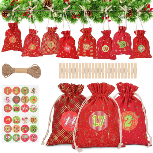 WOKKOL Sacchetto Regalo di Natale, Sacchetti con Adesivi Numerici, Avvento Calendario, Calendario Avvento Fai da Te, Natale Calendario dell'Avvento con 1-24 Adesivi Numerici(24 PCS -8Modelli)