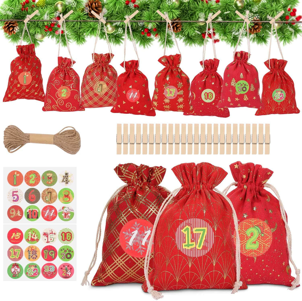 WOKKOL Sacchetto Regalo di Natale, Sacchetti con Adesivi Numerici, Avvento Calendario, Calendario Avvento Fai da Te, Natale Calendario dell'Avvento con 1-24 Adesivi Numerici(24 PCS -8Modelli)