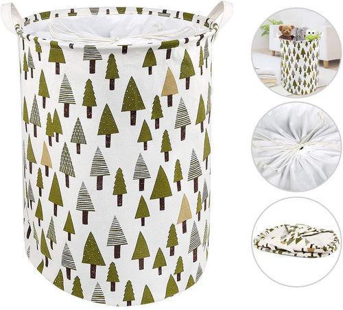 LinStyle Cesto Portabiancheria, Cesti per Biancheria Pop-up Pieghevoli con Manici e Chiusura a Cordoncino, Impermeabile Rotonda Cotone Lino, 50 x 40 cm (Albero)