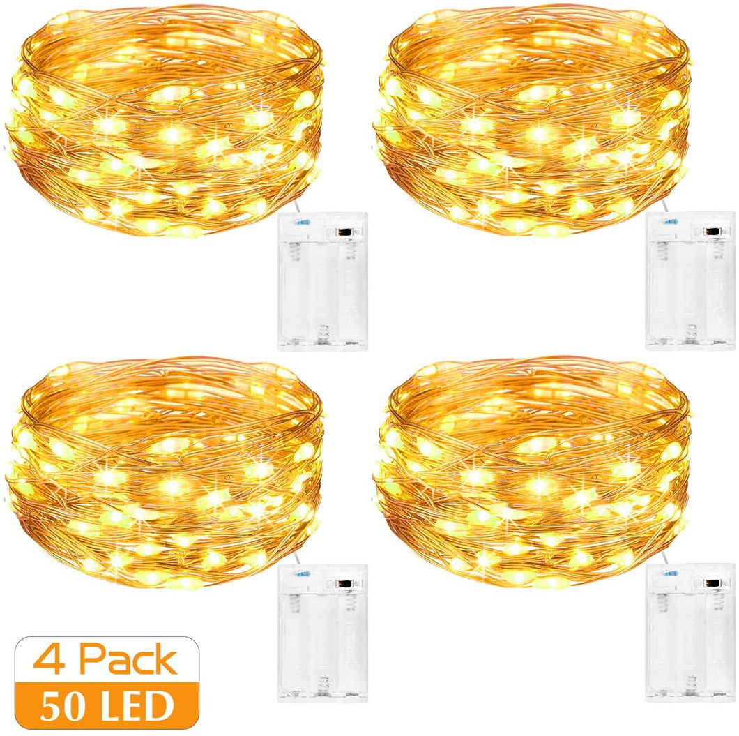 Kolpop Stringa Luci LED a Batteria [4 Pezzi], Catena Luminosa 5m 50 LED con Filo Rame Ghirlanda Luminosa Lucine LED Decorative per Camere da Letto Giardino Casa Feste Natale Matrimonio (Bianco Caldo)