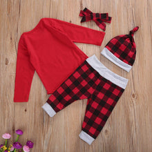 Carica l'immagine nel visualizzatore di Gallery, Bowanadacles Completino Neonato Unisex per Natale 4 Pezzi Pagliaccetto Maniche Lunghe Stampato di Lettere + Pantaloni a Plaid Rosso + Cappello + Fascia Christmas Vestito 0-24 Mesi