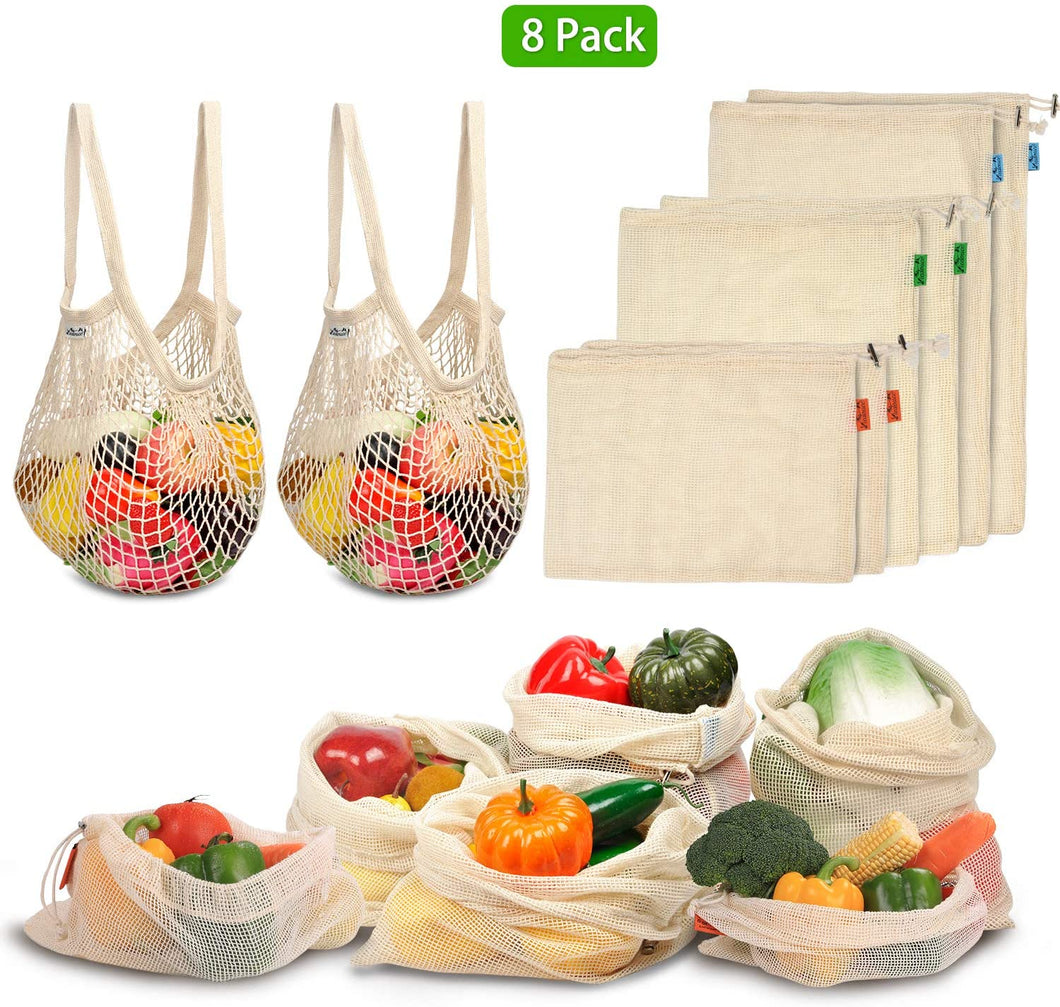 Viedouce Sacchetti Riutilizzabili per Frutta,Riutilizzabili Borse per Verdura,Borse per Prodotti Riutilizzabili,Sacchetti per Alimentari in Cotone Organico,Lavabile & Eco Friendly (8 Pezzi)