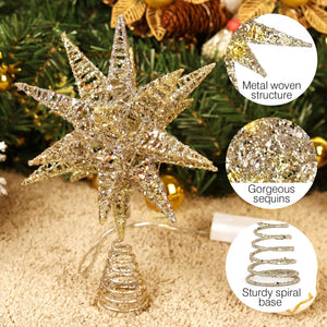 Luxspire Punte Albero di Natale, Puntale per Albero di Natale, a Forma di Albero con Glitter, Accessori per Albero di Natale, a 2 AA Batterie, Decorazione per Natale Festa Casa, Champagne Oro