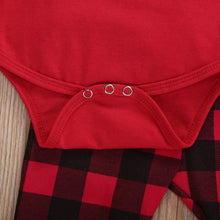 Carica l'immagine nel visualizzatore di Gallery, Bowanadacles Completino Neonato Unisex per Natale 4 Pezzi Pagliaccetto Maniche Lunghe Stampato di Lettere + Pantaloni a Plaid Rosso + Cappello + Fascia Christmas Vestito 0-24 Mesi