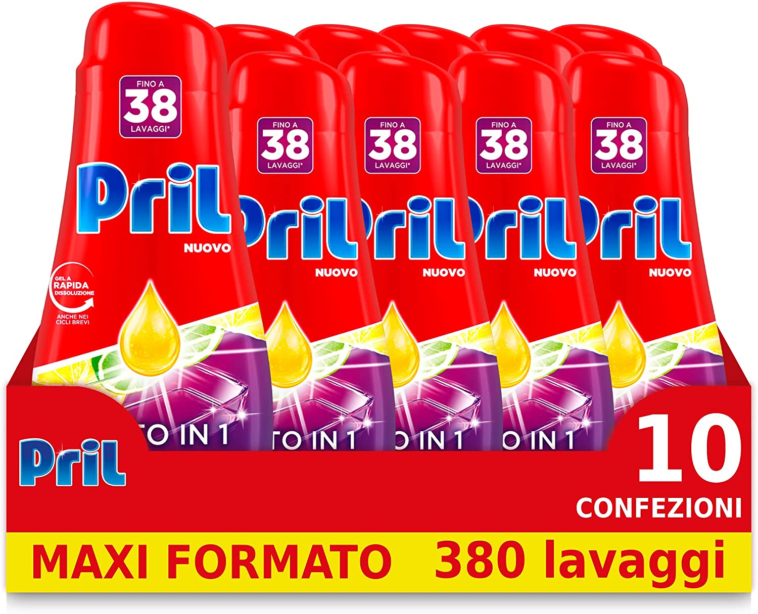 Detersivo liquido lavastoviglie gel Pril tutto in 1 al limone e lime 38  lavaggi ml.684 