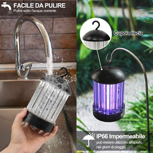 QcoQce Zanzariera Elettrica USB Ricaricabile, IP66 Impermeabile UV Lampada Antizanzare, 3W Trappola Zanzare con 1800mAh, 3 Luminosit¨¤ di LED Luce per Casa Ufficio Patio Cucina (BK006-B)