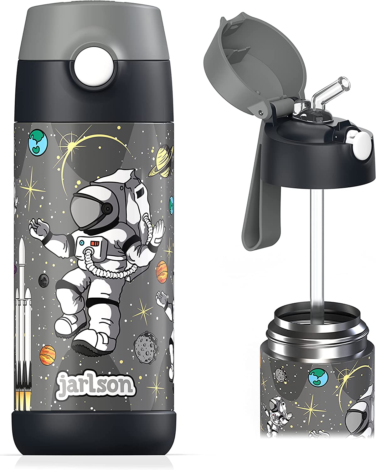 JARLSON® Borraccia Bambini Acciaio Inox, Bottiglia Termica, Senza BPA,  Bottiglia Acqua con Cannuccia, Termos 350 ml (Dinosauro, 350)