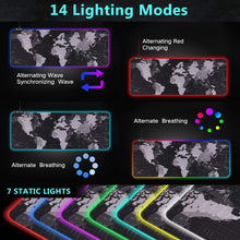 Carica l'immagine nel visualizzatore di Gallery, Hiveseen Tappetino Mouse Gaming, RGB tappetino mouse nero con 14 Effetti Luce, 800x300mm Impermeabile e Superficie Liscio, Base in Gomma Antiscivolo per Computer, PC e Laptop-Mappa del mondo