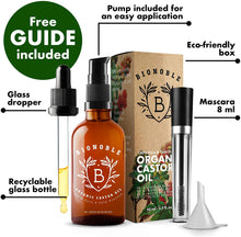 Carica l&#39;immagine nel visualizzatore di Gallery, BIONOBLE OLIO DI RICINO PURO 100% Biologico e Pressato a Freddo | Kit Mascara, Pompa e Pipetta in Vetro | Capelli, Ciglia, Sopracciglia, Corpo, Viso e Barba | Bottiglia di Vetro | Castor Oil (50ml)