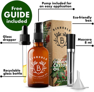 BIONOBLE OLIO DI RICINO PURO 100% Biologico e Pressato a Freddo | Kit Mascara, Pompa e Pipetta in Vetro | Capelli, Ciglia, Sopracciglia, Corpo, Viso e Barba | Bottiglia di Vetro | Castor Oil (50ml)