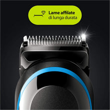 Carica l'immagine nel visualizzatore di Gallery, Braun MGK5280 Rifinitore 9-In-1 Nero/Blu, Regolabarba Uomo, Tagliacapelli E Rifinitore Corpo Con Tecnologia AutoSense E 7 Accessori, Confezione Con 85% Di Plastica In Meno, Nero/Blu