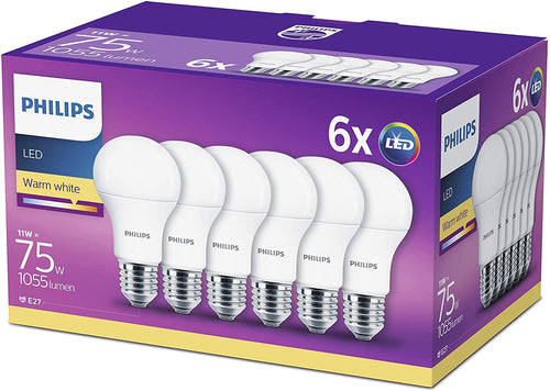 Philips Lampadine LED Goccia, E27, 11 W Equivalenti a 75 W, 2700K, Confezione da 6