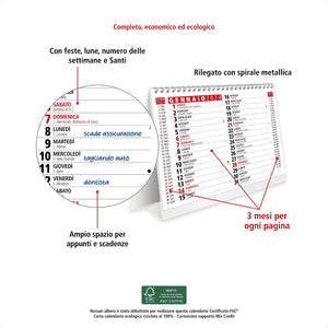 Calendario da Tavolo 2024 con Feste Settimane Lune e Santi con Numeri Grandi - Calendario 2024 da scrivania - Calendario ECOLOGICO 100% Certificato FSC® - 1 PZ
