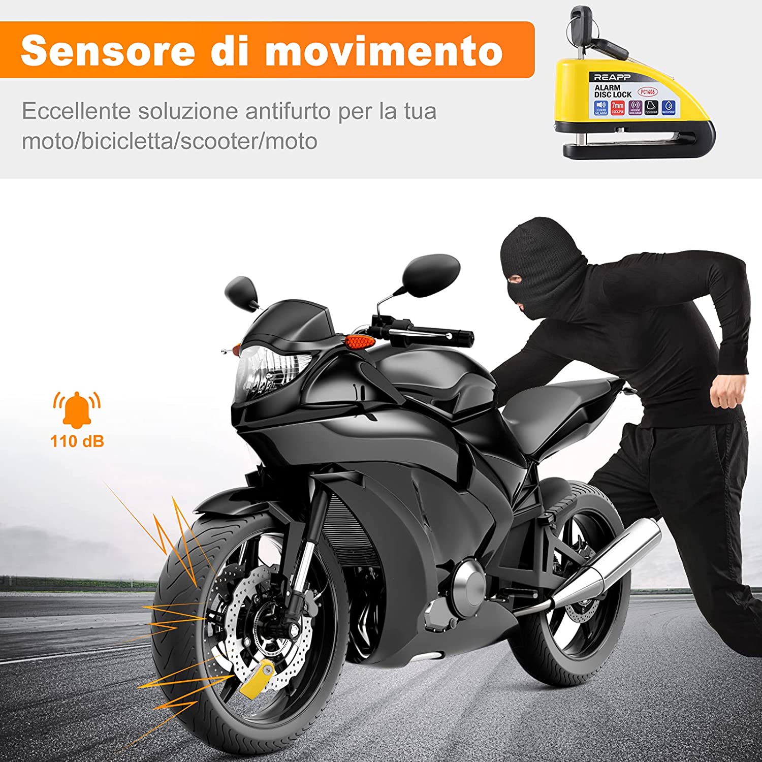 Blocca DISCO SONORO Antifurto Moto 110DB + Promemoria