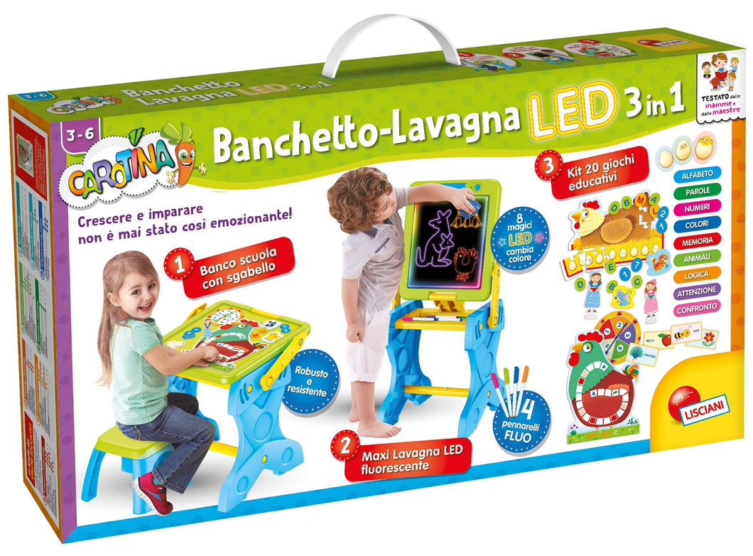 Lisciani Giochi- Carotina Banchetto-Lavagna LED 3 in 1 Gioco per Bambini, Multicolore, 77465