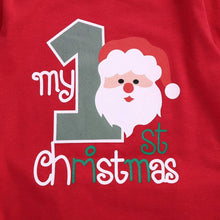 Carica l'immagine nel visualizzatore di Gallery, Bowanadacles Completino Neonato Unisex per Natale 4 Pezzi Pagliaccetto Maniche Lunghe Stampato di Lettere + Pantaloni a Plaid Rosso + Cappello + Fascia Christmas Vestito 0-24 Mesi