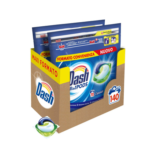 Dash All in 1 Pods Detersivo Lavatrice in Capsule, 140 Lavaggi (2 x 70), Classico, Bucato Pulito, Maxi Formato, Rimuove le Macchine, Brillantezza per Tutti i Capi Classico 70 Unità (Confezione da 1)