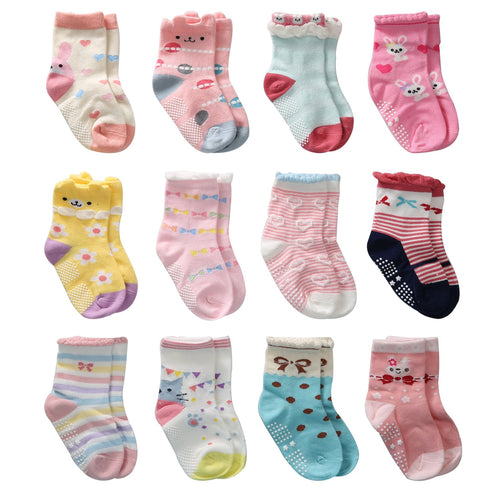 12 Paia Ragazza del Bambino Calzini Antiscivolo Carina Cotone con... - Ilgrandebazar