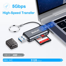 Carica l&#39;immagine nel visualizzatore di Gallery, Beikell Lettore di Schede SD, [ Supporto OTG ] Alta Velocità Adattatore USB 3.0 Tipo C Lettori Schede di Memoria con Portachiavi per MMC/Micro SD/TF/SDXC/SDHC/Micro SDHC/Micro SDXC