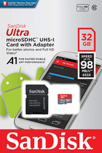 Carica l&#39;immagine nel visualizzatore di Gallery, SanDisk Ultra Scheda di Memoria MicroSDHC e Adattatore, con A1 App Performance, Velocità Fino a 98 MB/Sec, Classe 10, U1 , Single Pack, 32 GB