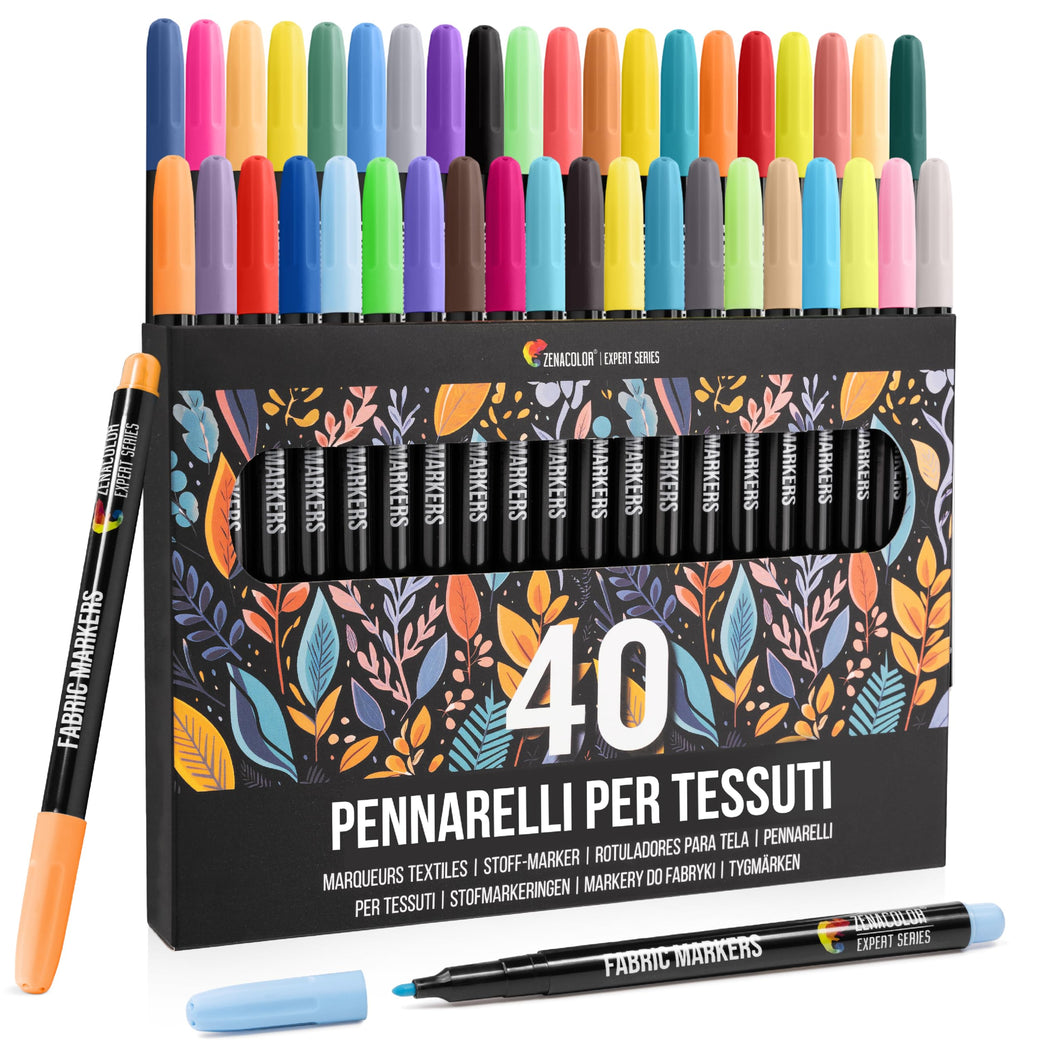 40 Pennarelli per Tessuti e Stoffa - Colori per Tessuti Atossici, Indelebili e Permanenti a Punta Fine - Ideali per Magliette, Borse in Stoffa e altri Tessuti - Per Bambini e Adulti
