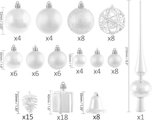 Brubaker Set di 101 Accessori Decorativi per L'Albero di Natale - addobbi Natalizie in Color Bianco - Diverse Forme di Palline ed Un Puntale per Albero di Natale