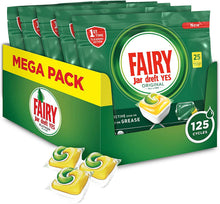 Carica l'immagine nel visualizzatore di Gallery, Fairy Original Allin1 Pastiglie Lavastoviglie, 125 Cicli, 5 x 25 Capsule, Detersivo al Limone, Maxi Formato, Rimuove il Grasso Incrostato con Azione Brillante