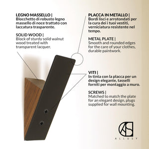 ALLUSY Set 3 Ganci Appendiabiti da Parete Design Legno e Metallo - Attaccapanni da Muro Moderno - Gancio con Viti per Ingresso, Cucina - Appendi Accappatoio Bagno