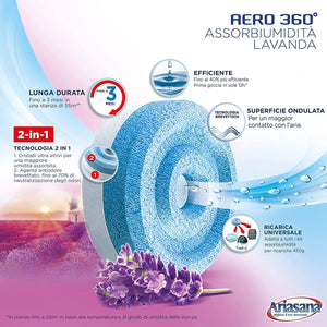 Ariasana Aero 360° kit assorbiumidità, deumidificatore ricaricabile non elettrico, assorbi umidità contro condensa e muffa, 1 dispositivo e 1 ricarica Tab lavanda da 450g