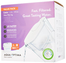 Carica l'immagine nel visualizzatore di Gallery, Aqua Optima Liscia Caraffa Filtro Acqua e Cartucce Filtro Acqua 6 x 30 Giorni Evolve+, Capacità 2,5 Litri, per Riduzione di Microplastiche, Cloro, Calcare e Impurità, Bianc