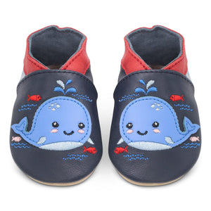 Dotty Fish Scarpine in Pelle Prima Infanzia. Scarpe Bimbi per Primi Passi con Suola Scamosciata. Balena Blu Navy. 12-18 Mesi (21 EU)