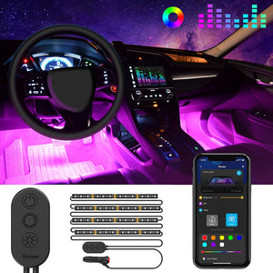 Striscia LED Auto con APP, Govee Luci LED Interne per Auto con 48 LEDs 9 Colori Multicolore Impermeabile, Musica sotto il cruscotto Kit di illuminazione, Controllo APP, DC 12V