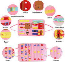Carica l'immagine nel visualizzatore di Gallery, FORMIZON Giocattoli Educativio, Busy Board per Bambini, Giocattoli Montessori, Board attività per Bambini per L'Apprendimento delle Abilità di Vita, Sensoriali Giochi per Bambini 1-4 Anni (Pink)