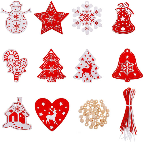 Kiiwah 40 Pezzi Ornamenti Natalizi in Legno da Appendere,Pendenti Legno Natalizi Addobbi Albero,per Albero di Natale Fai da Te Bianco Rosso