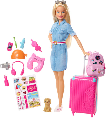 Barbie in Viaggio, Bambola Bionda con Cucciolo, Valigia che si Apre, Adesivi e Accessori, Giocattolo per Bambini 3 + Anni, FWV25 Barbie in Viaggio Single