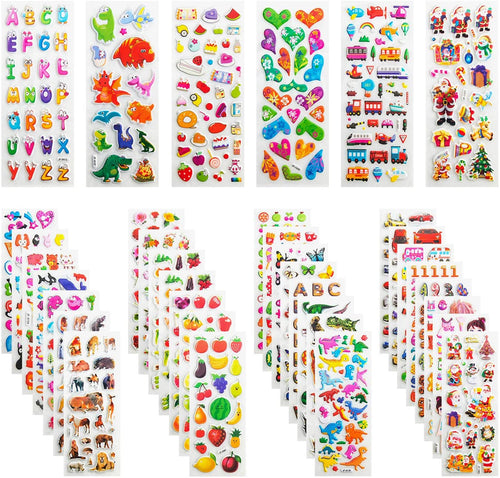 Adesivi per Bambini, Leenou 900+ Adesivi 3D Stickers per Puffy Adesivi per Regali Gratificanti Scrapbooking Inclusi Camion, Aeroplani, Animali, Pesci, Dinosauri, Numeri, Frutta e Altro (36 Fogli)