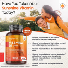 Carica l'immagine nel visualizzatore di Gallery, Vitamina D3 Alto Dosaggio - Vitamina D3 2000 ui da 400 Compresse - Integratore Vitamina D per 1+ Anno - La Vitamina D Contribuisce al Normale Funzionamento del Sistema Immunitario - Vitamina D Pura