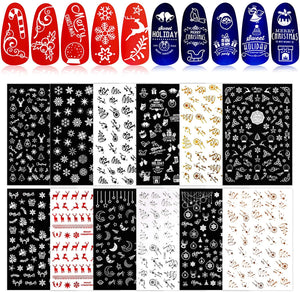 FLOFIA 12 Fogli Adesivi per Unghie Natalizi Nail Stickers Autoadesivi Unghie Natale Natalizio Decalcomanie Decorazione Unghie Nail Art Adesivi Unghie Natale Fai da Te