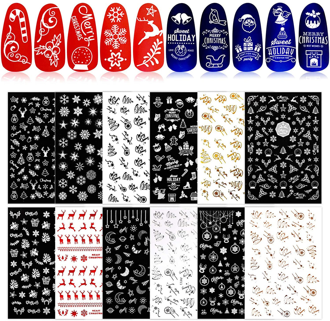 FLOFIA 12 Fogli Adesivi per Unghie Natalizi Nail Stickers Autoadesivi Unghie Natale Natalizio Decalcomanie Decorazione Unghie Nail Art Adesivi Unghie Natale Fai da Te