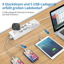 Carica l&#39;immagine nel visualizzatore di Gallery, Ciabatta Multipresa, NTONPOWER 8 Schuko con 1700 Joule Protezione da Sovratensioni e 5 Porte USB, 4000W/16A, 3 Metri Lunga Cavo - Bianco