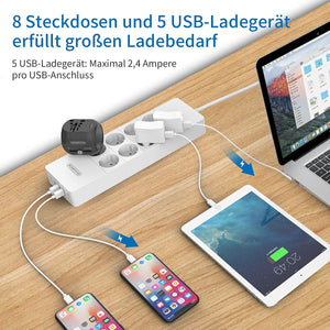 Ciabatta Multipresa, NTONPOWER 8 Schuko con 1700 Joule Protezione da Sovratensioni e 5 Porte USB, 4000W/16A, 3 Metri Lunga Cavo - Bianco