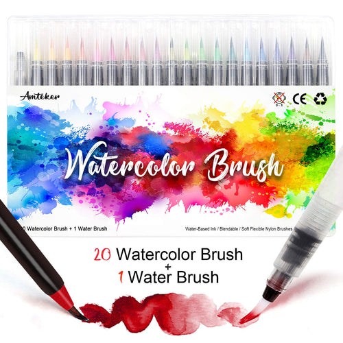 Amteker Brush Pen Lettering 20 Acquerelli Penne + 1 Pennello Multicolore - Ilgrandebazar