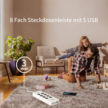 Carica l&#39;immagine nel visualizzatore di Gallery, Ciabatta Multipresa, NTONPOWER 8 Schuko con 1700 Joule Protezione da Sovratensioni e 5 Porte USB, 4000W/16A, 3 Metri Lunga Cavo - Bianco