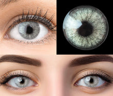 Carica l&#39;immagine nel visualizzatore di Gallery, GLAMLENS Lenti a contatto colorate grigio Keira Grey - mensili - con porta lenti a contatto -grigie naturali in silicone idrogel - 2 pezzi - DIA 14.2 - senza correzione 0.00 diottrie lente a contatto