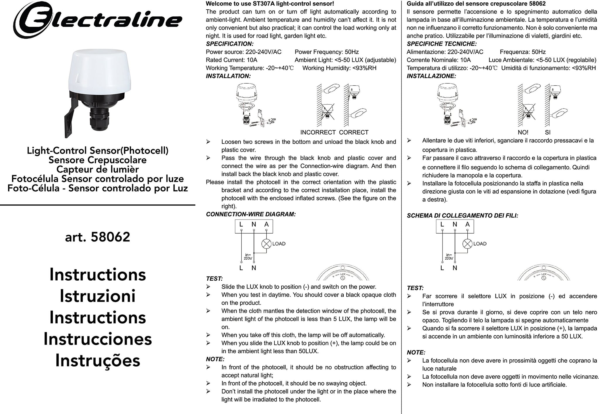 Electraline 58062 Interruttore Crepuscolare per Uso Esterno Ip44 –